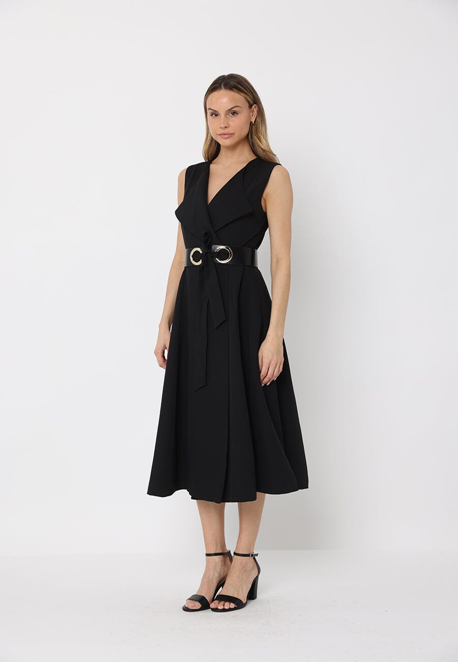 Gracia Fashion Women's Sleeveless Notched-Lapel Collar Belted Long Jacket