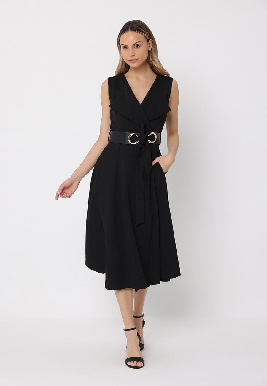 Gracia Fashion Women's Sleeveless Notched-Lapel Collar Belted Long Jacket