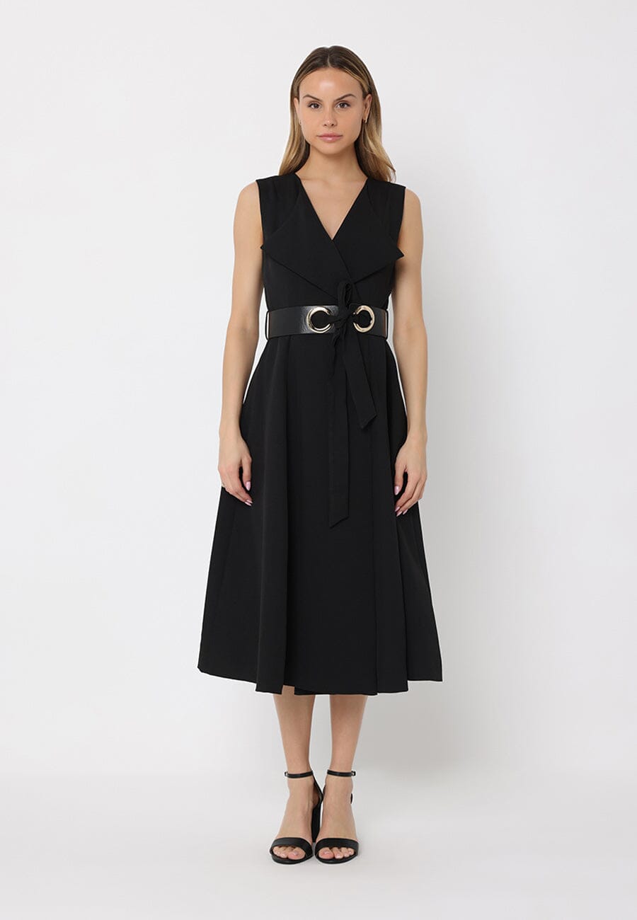 Gracia Fashion Women's Sleeveless Notched-Lapel Collar Belted Long Jacket