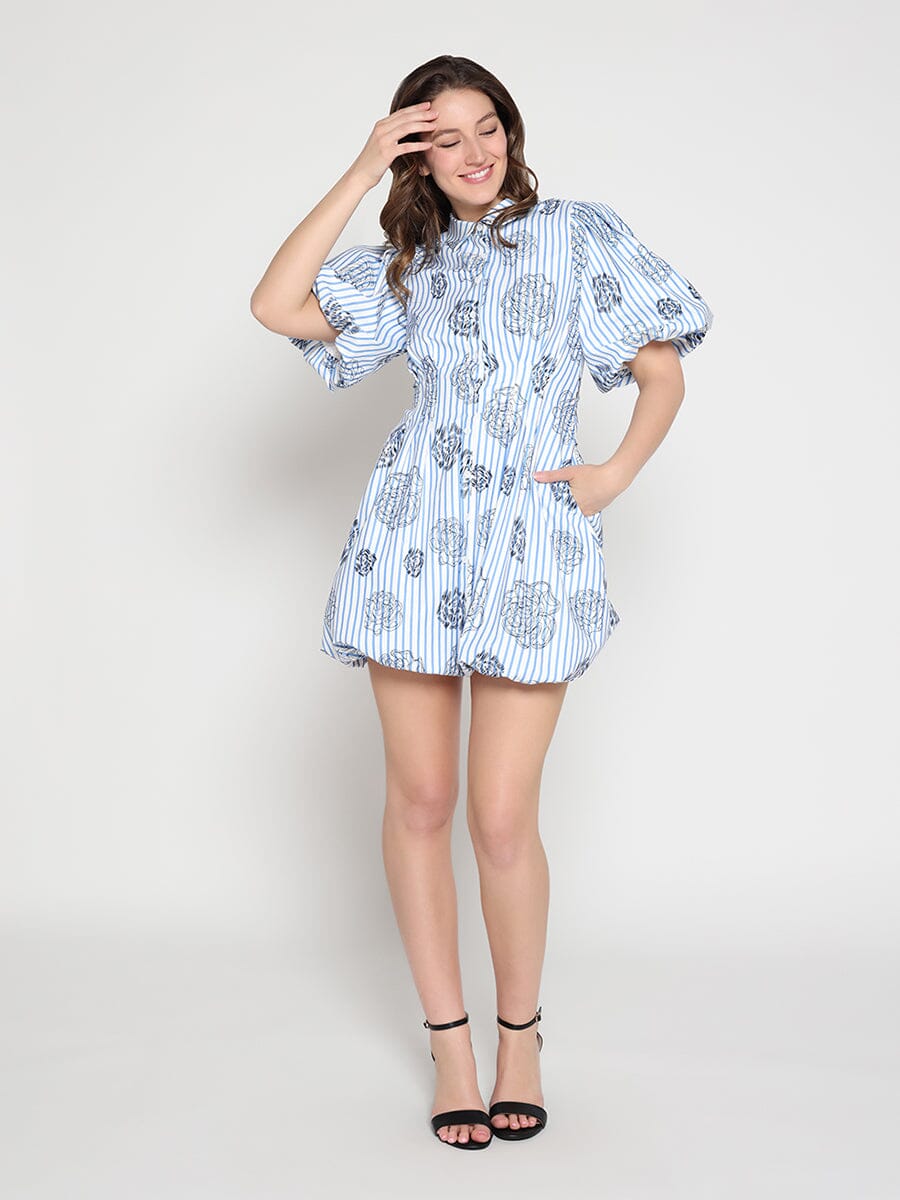Gracia Fashion Women's Striped Puff-Sleeve Floral Mini Dress