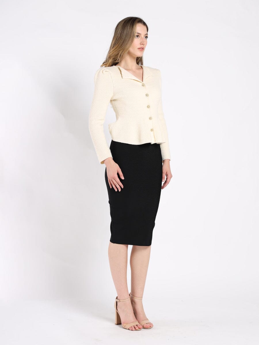 Textured Button Down Collared Peplum Cardigan