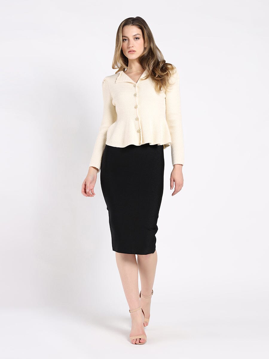 Textured Button Down Collared Peplum Cardigan