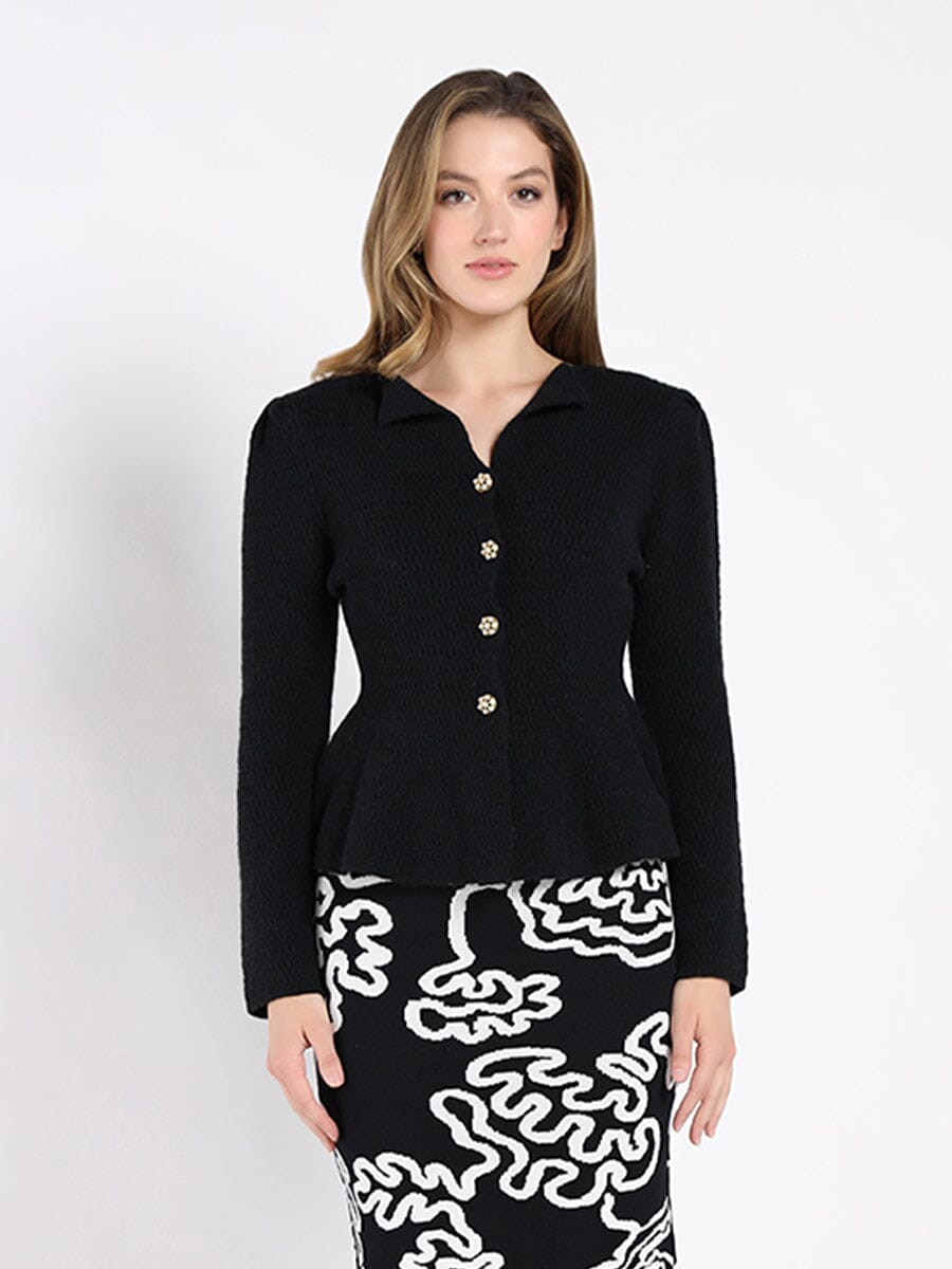 Textured Button Down Collared Peplum Cardigan