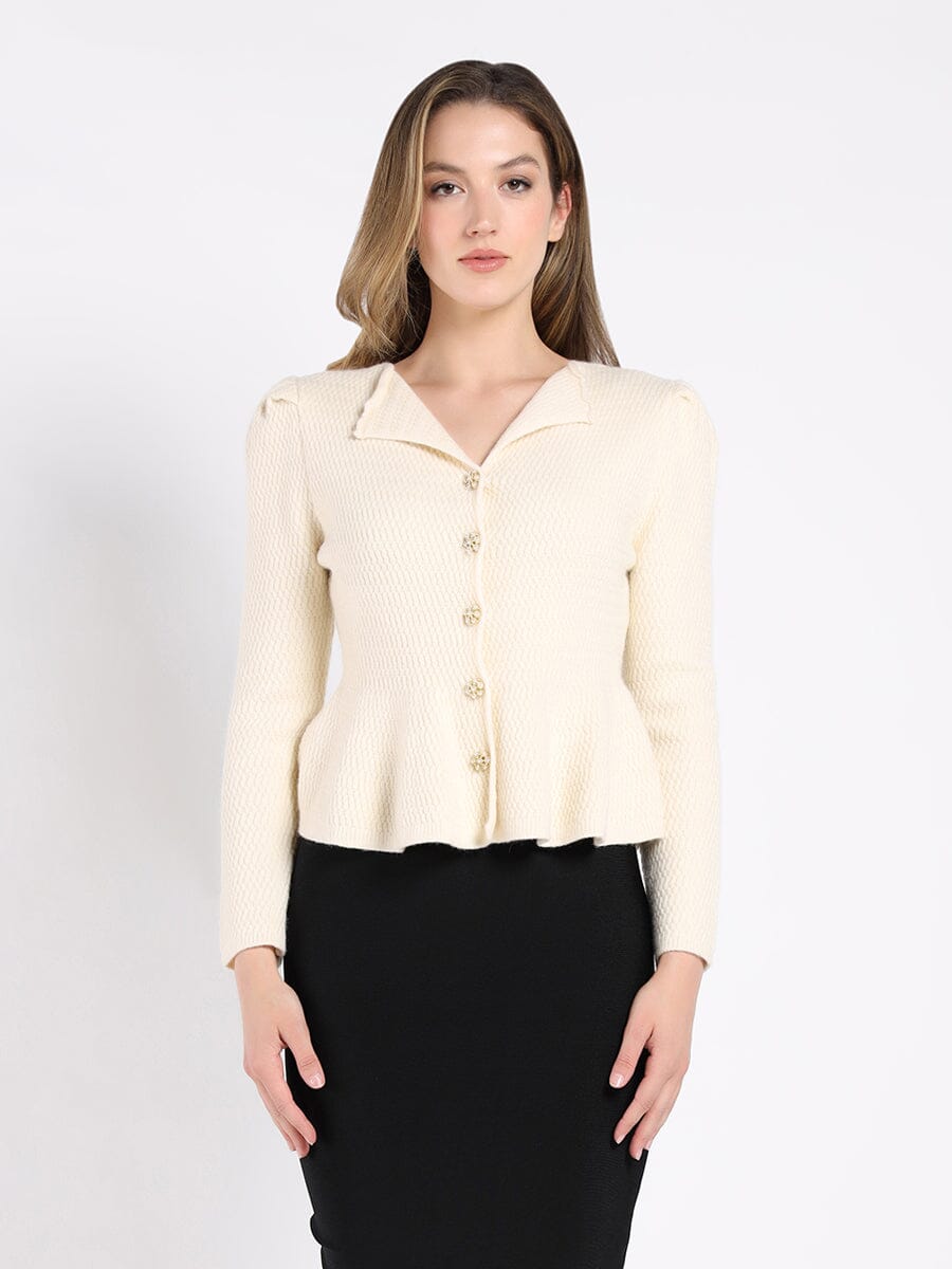 Gracia Fashion Women's Textured Button Down Collared Peplum Cardigan
