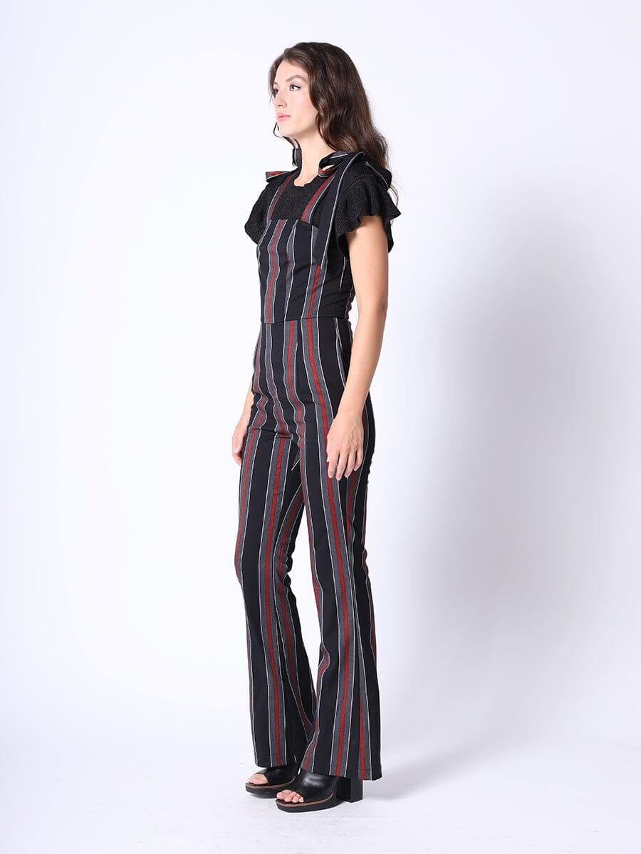 Tie-Shoulder Wide Leg Striped Overall Jumpsuit