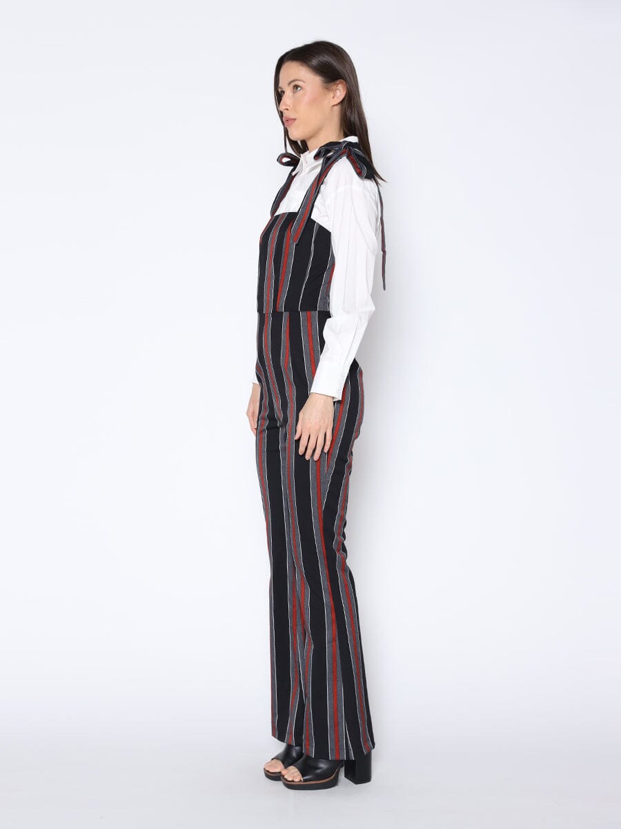 Tie-Shoulder Wide Leg Striped Overall Jumpsuit
