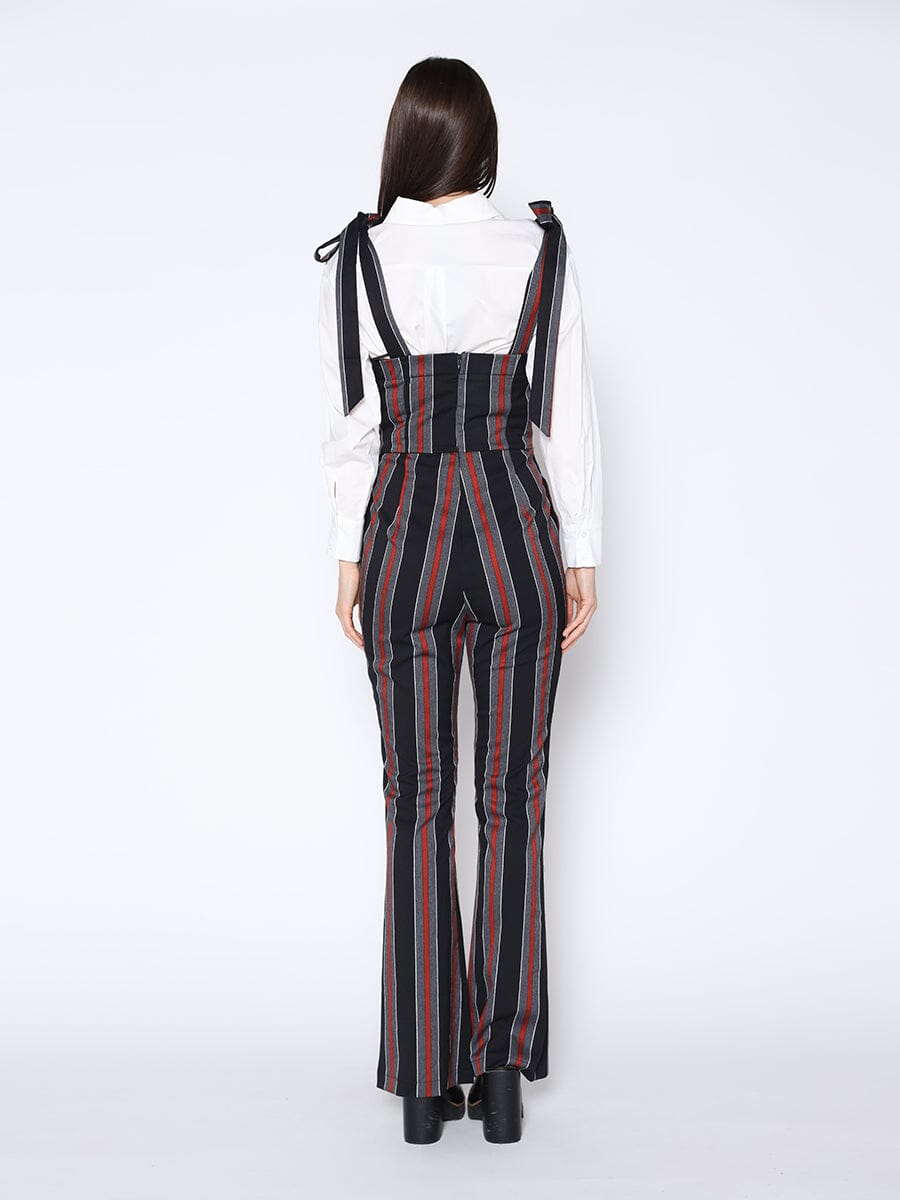 Tie-Shoulder Wide Leg Striped Overall Jumpsuit