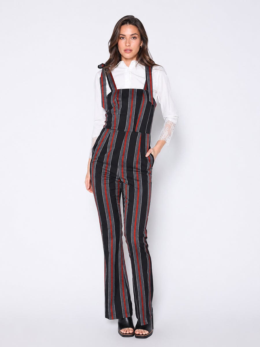 Tie-Shoulder Wide Leg Striped Overall Jumpsuit
