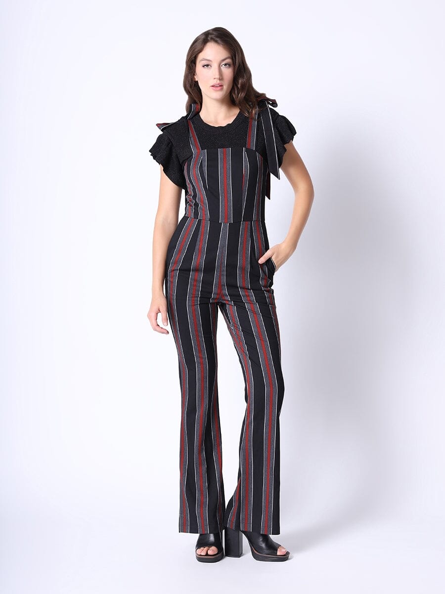 Tie-Shoulder Wide Leg Striped Overall Jumpsuit