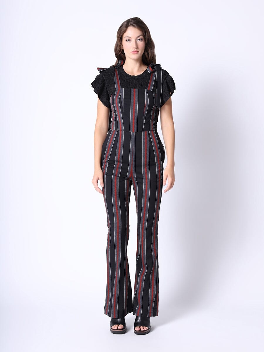 Tie-Shoulder Wide Leg Striped Overall Jumpsuit