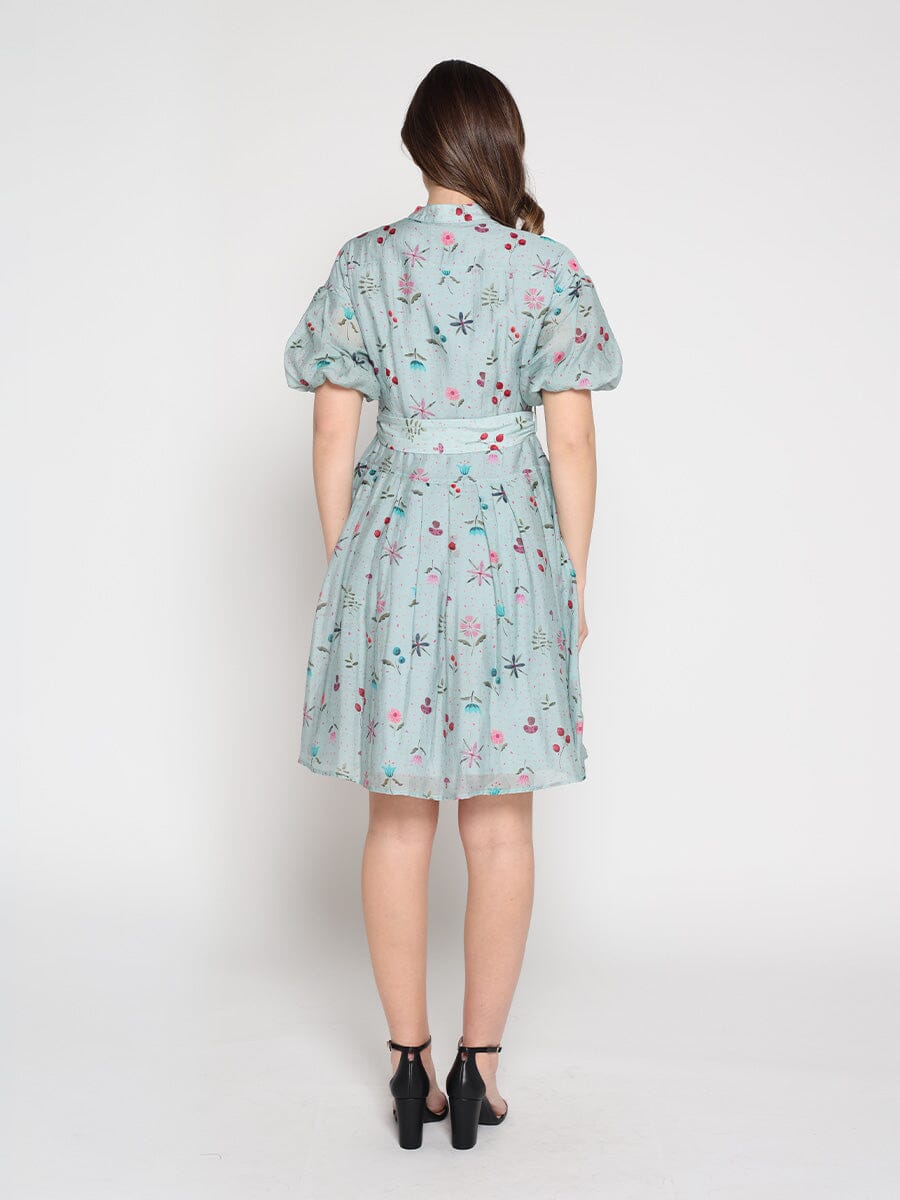 Gracia Fashion Women's Tiny Floral Print Band Collar Belt Dress