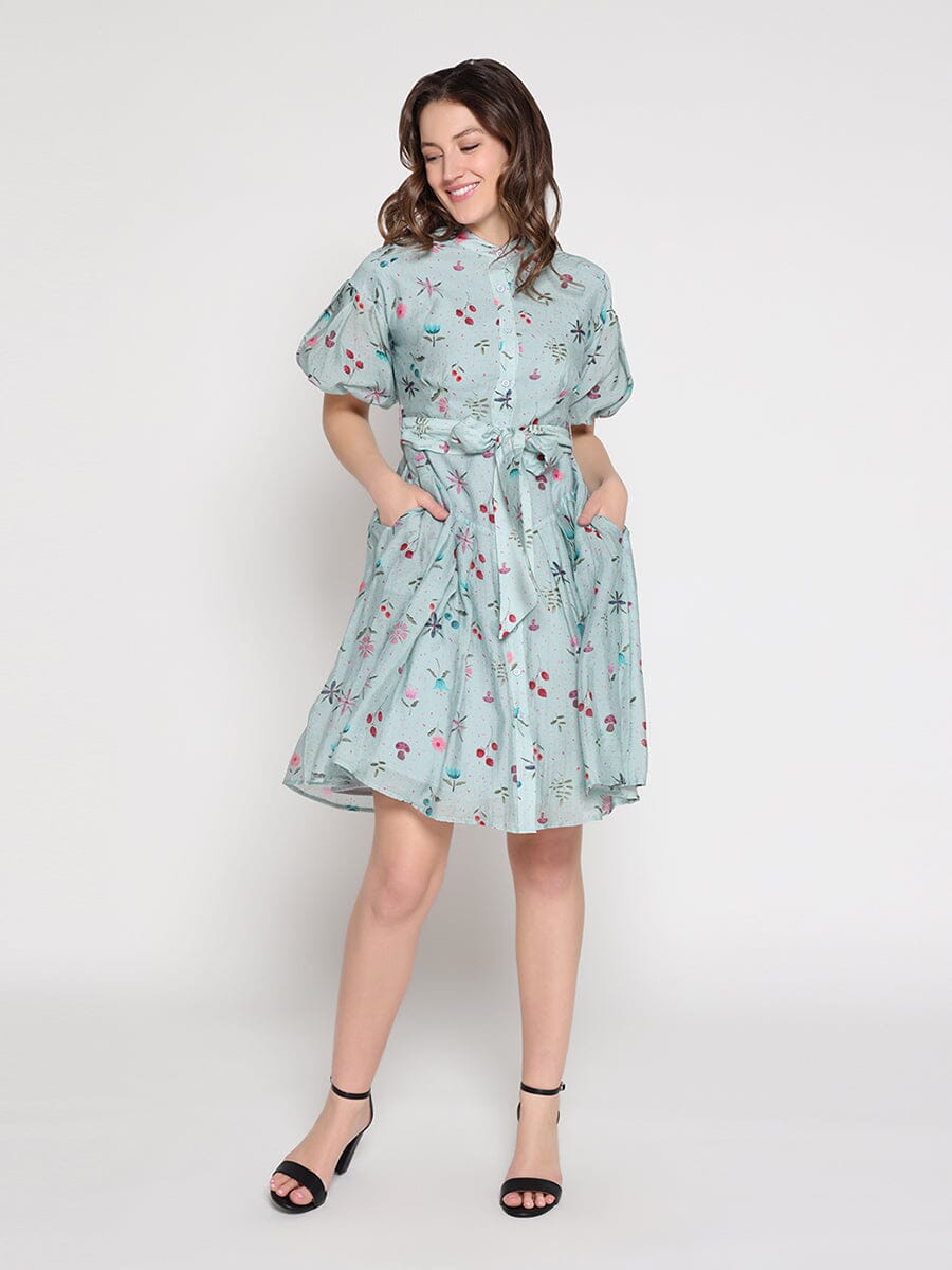 Gracia Fashion Women's Tiny Floral Print Band Collar Belt Dress