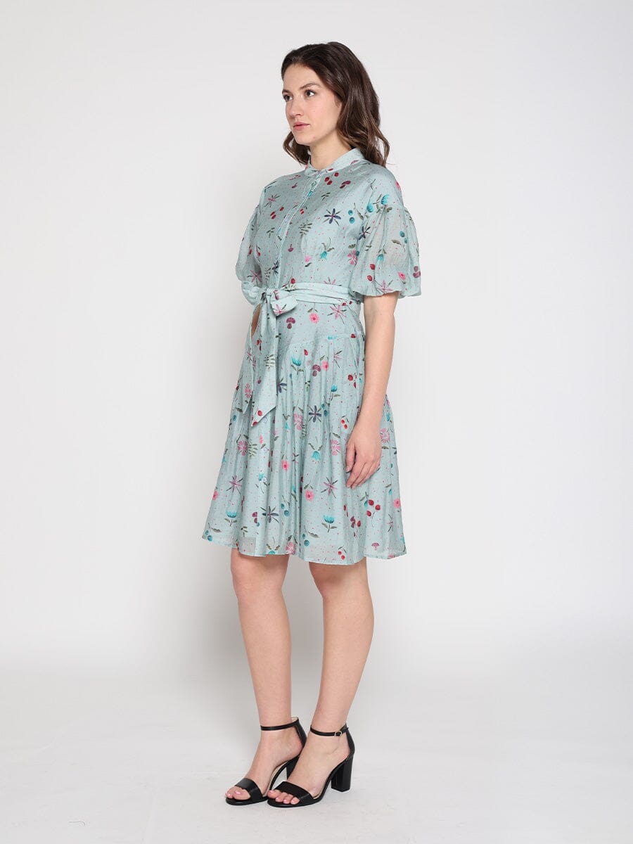 Gracia Fashion Women's Tiny Floral Print Band Collar Belt Dress