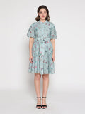 Gracia Fashion Women's Tiny Floral Print Band Collar Belt Dress