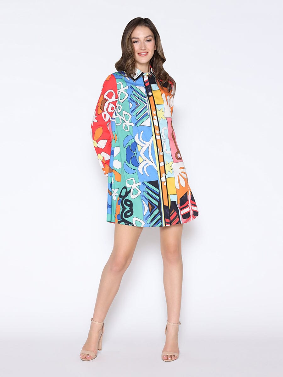 Gracia Fashion Women's Tribal Print Pearl Button-Down Shirt Dress