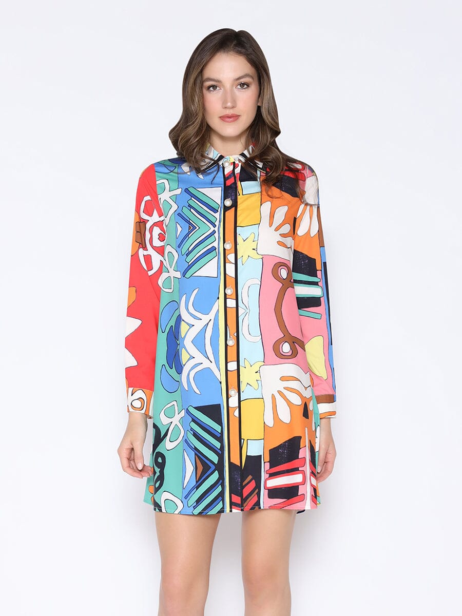 Gracia Fashion Women's Tribal Print Pearl Button-Down Shirt Dress