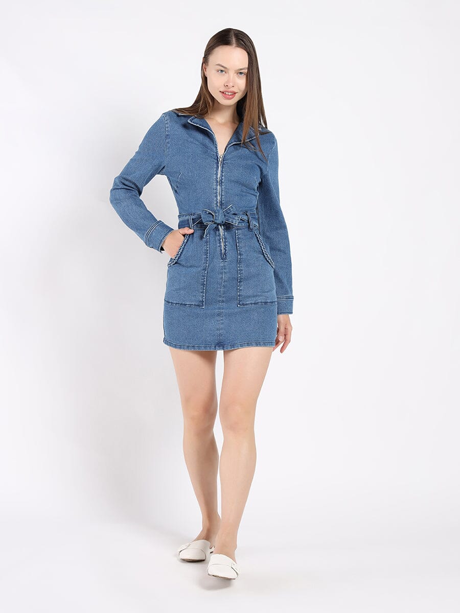 Zippered Denim Shirt Dress