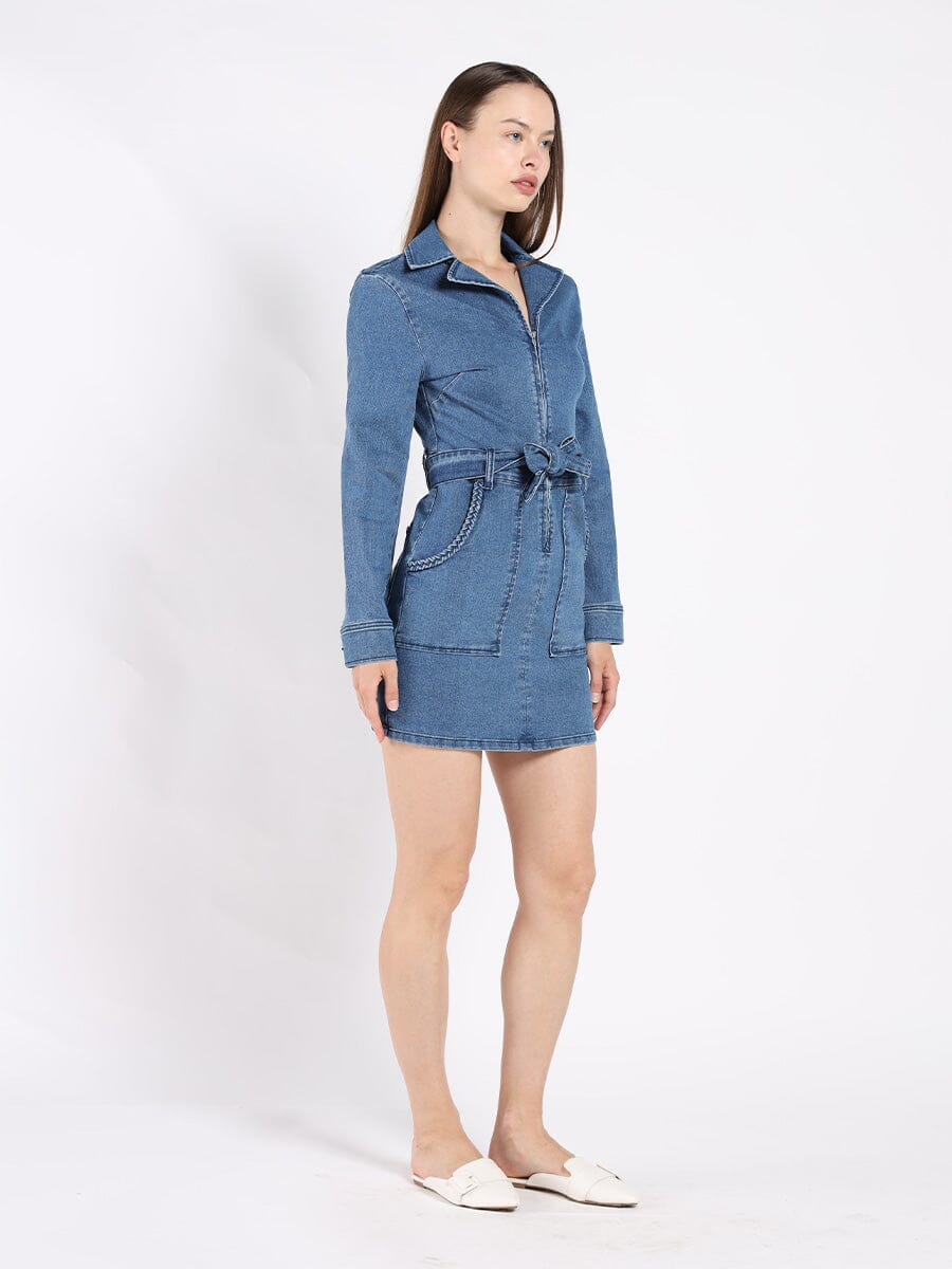 Zippered Denim Shirt Dress