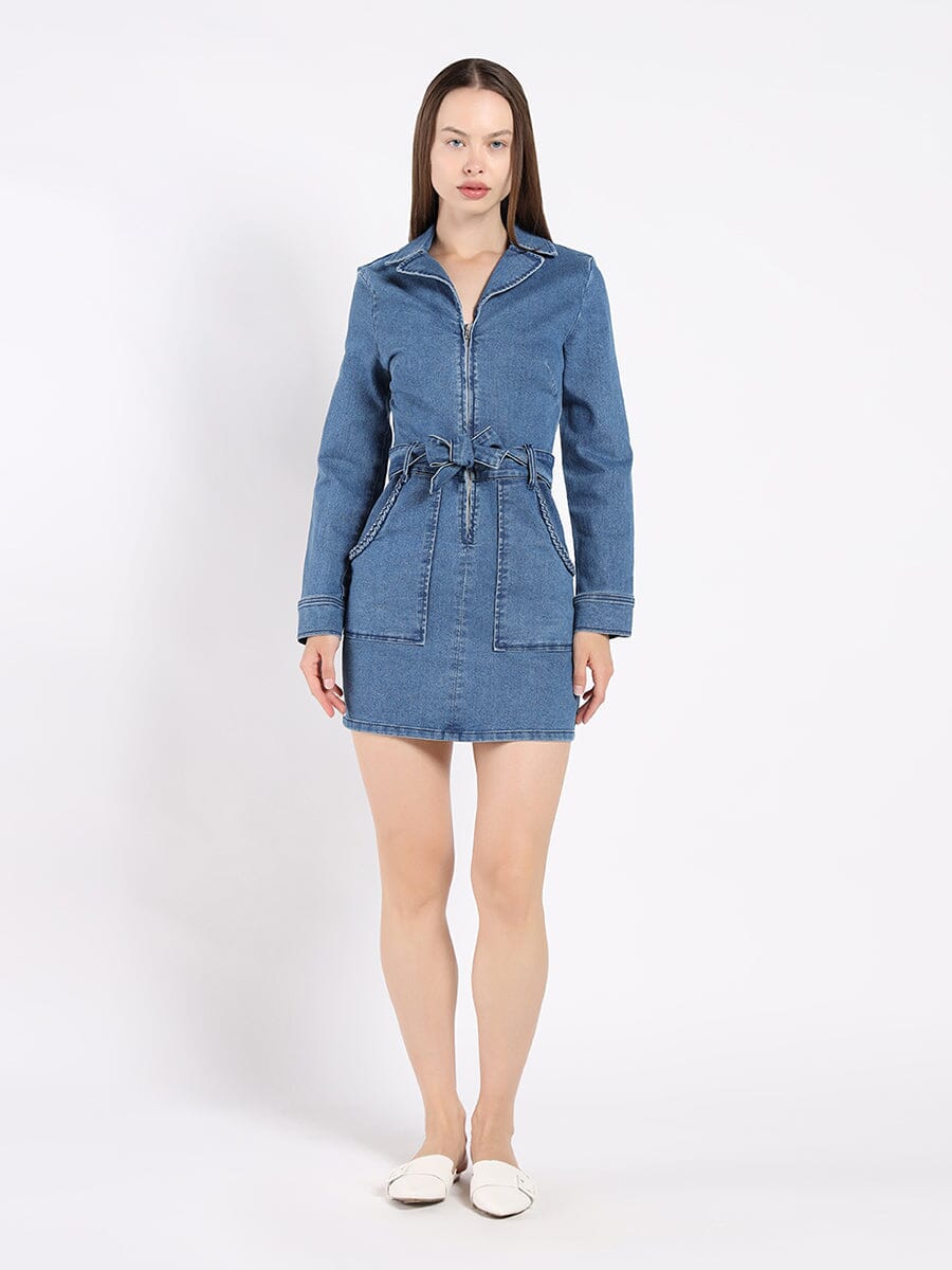 Zippered Denim Shirt Dress